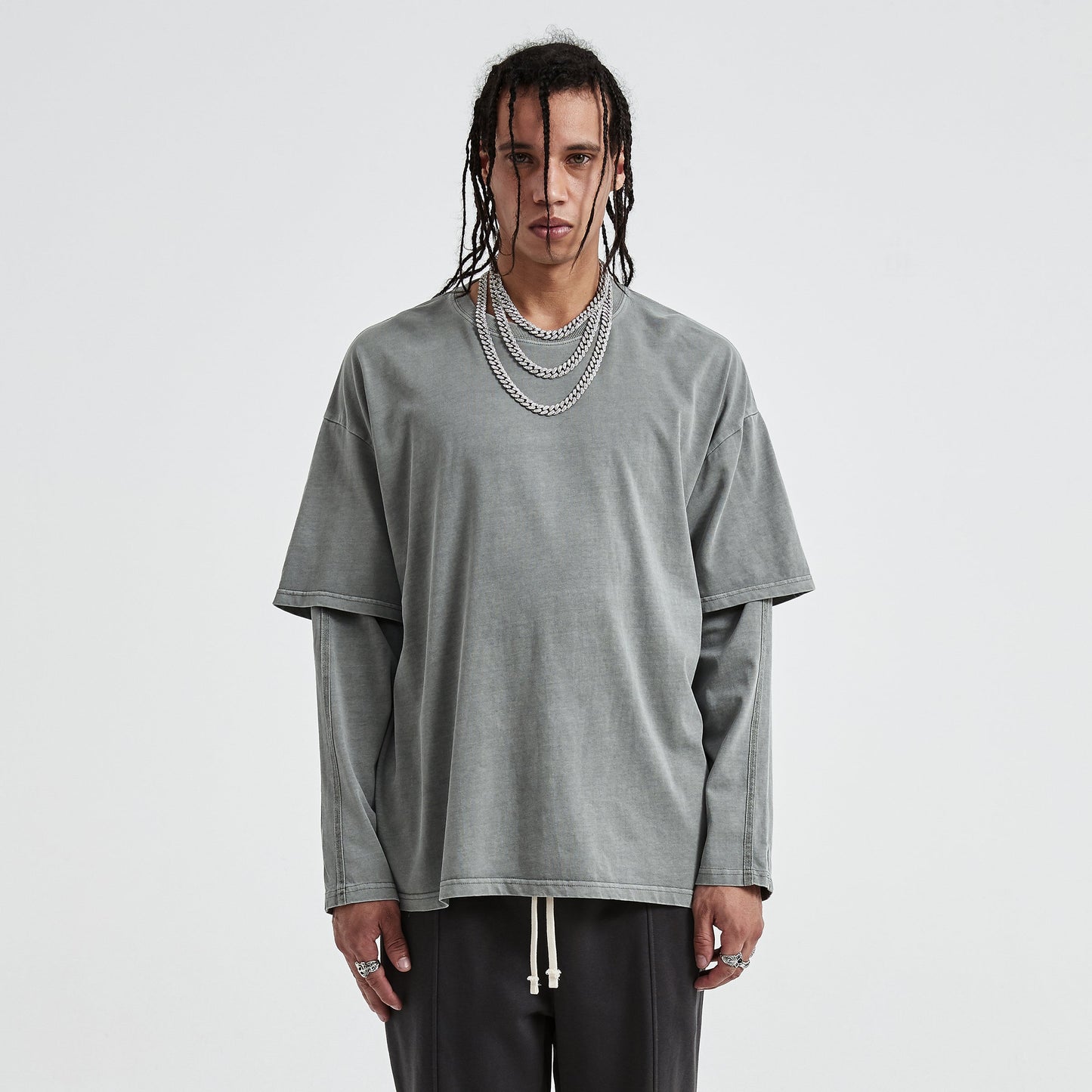 230GSM Unisex Faux-layered Faded Long Sleeve