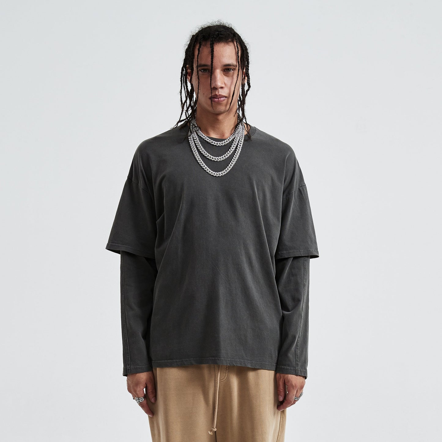 230GSM Unisex Faux-layered Faded Long Sleeve