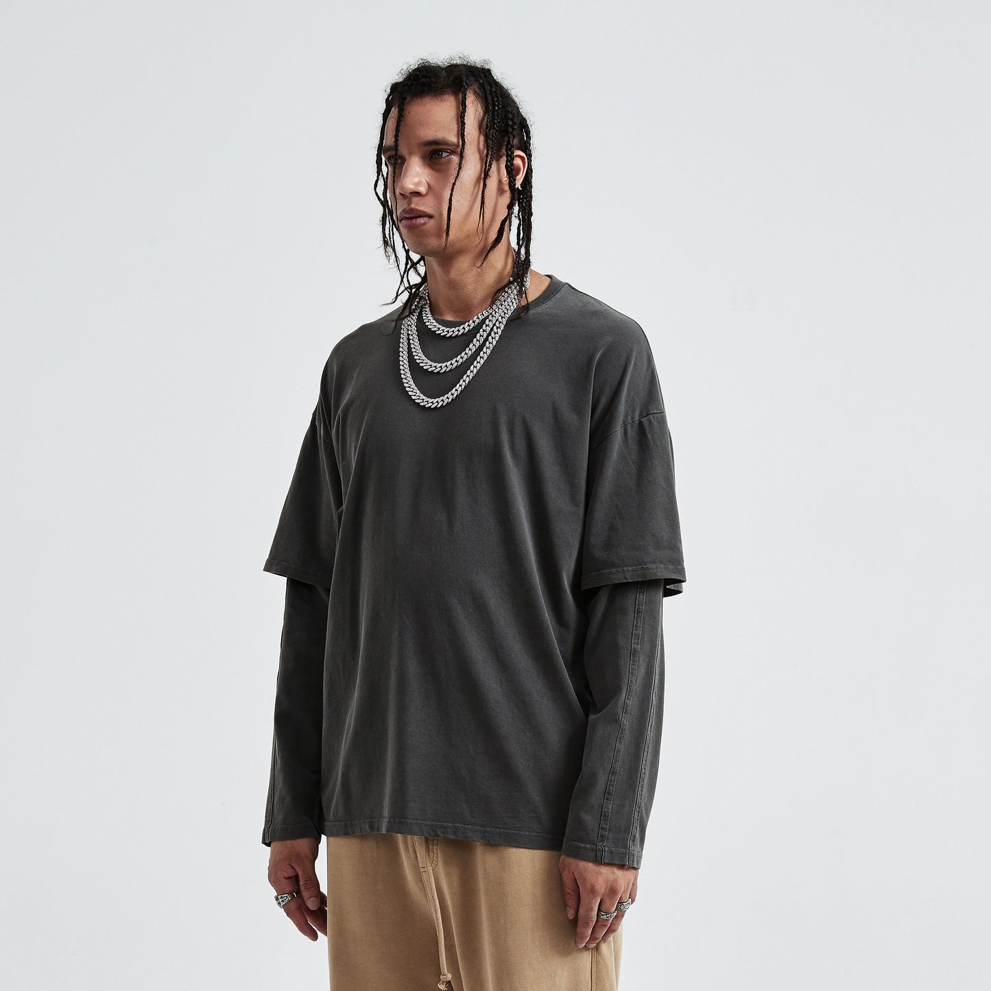230GSM Unisex Faux-layered Faded Long Sleeve