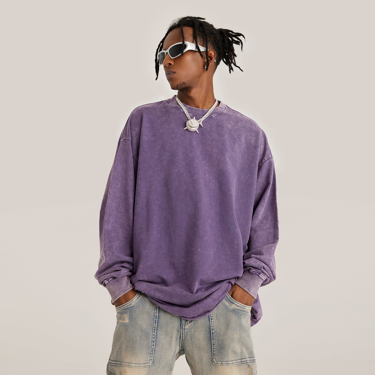 260GSM Unisex Raw Hem Faded Long Sleeve T-shirt