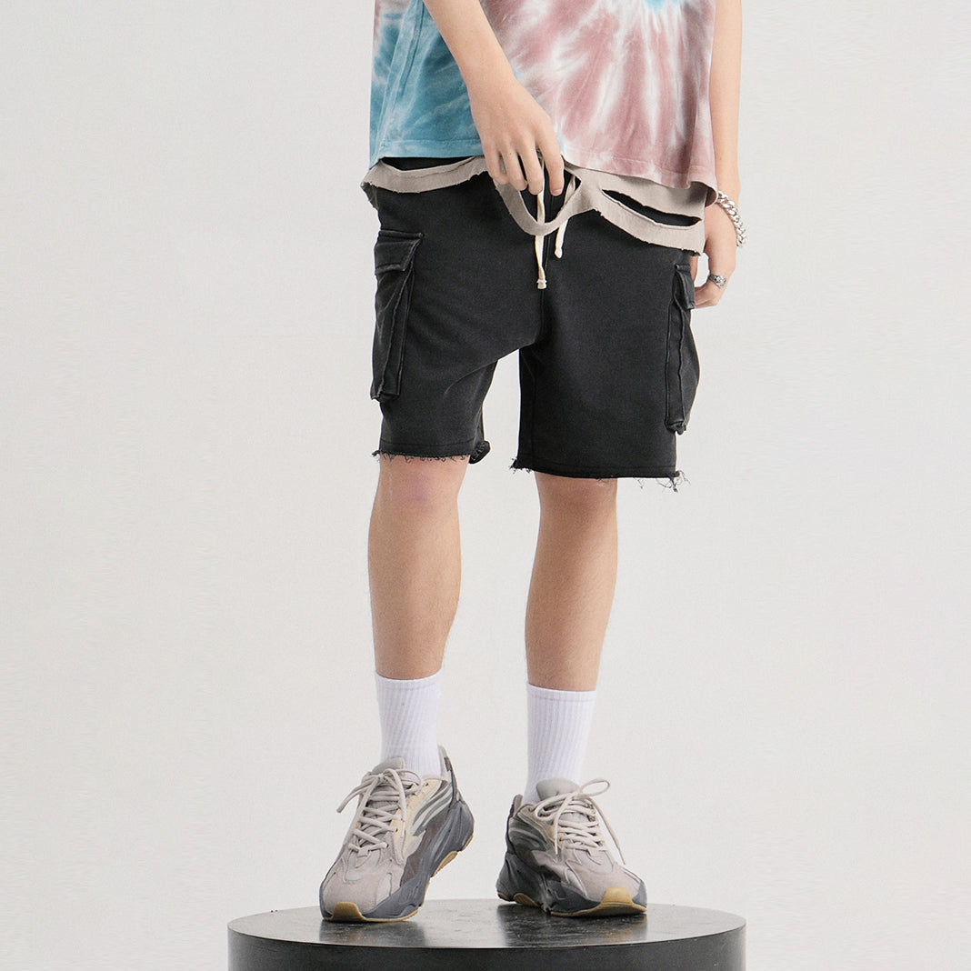 320GSM Unisex Snow Wash Raw Hem Cargo Shorts