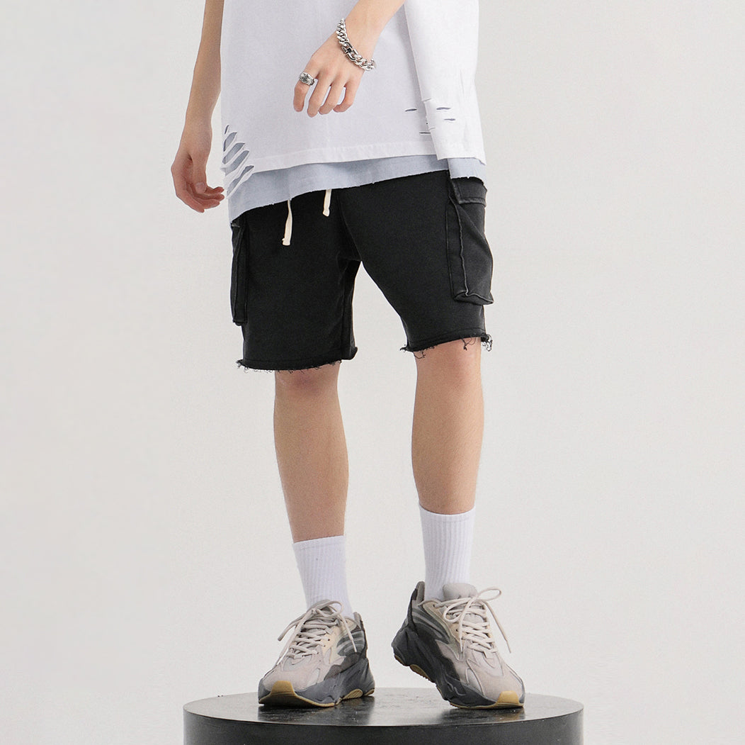 320GSM Unisex Snow Wash Raw Hem Cargo Shorts