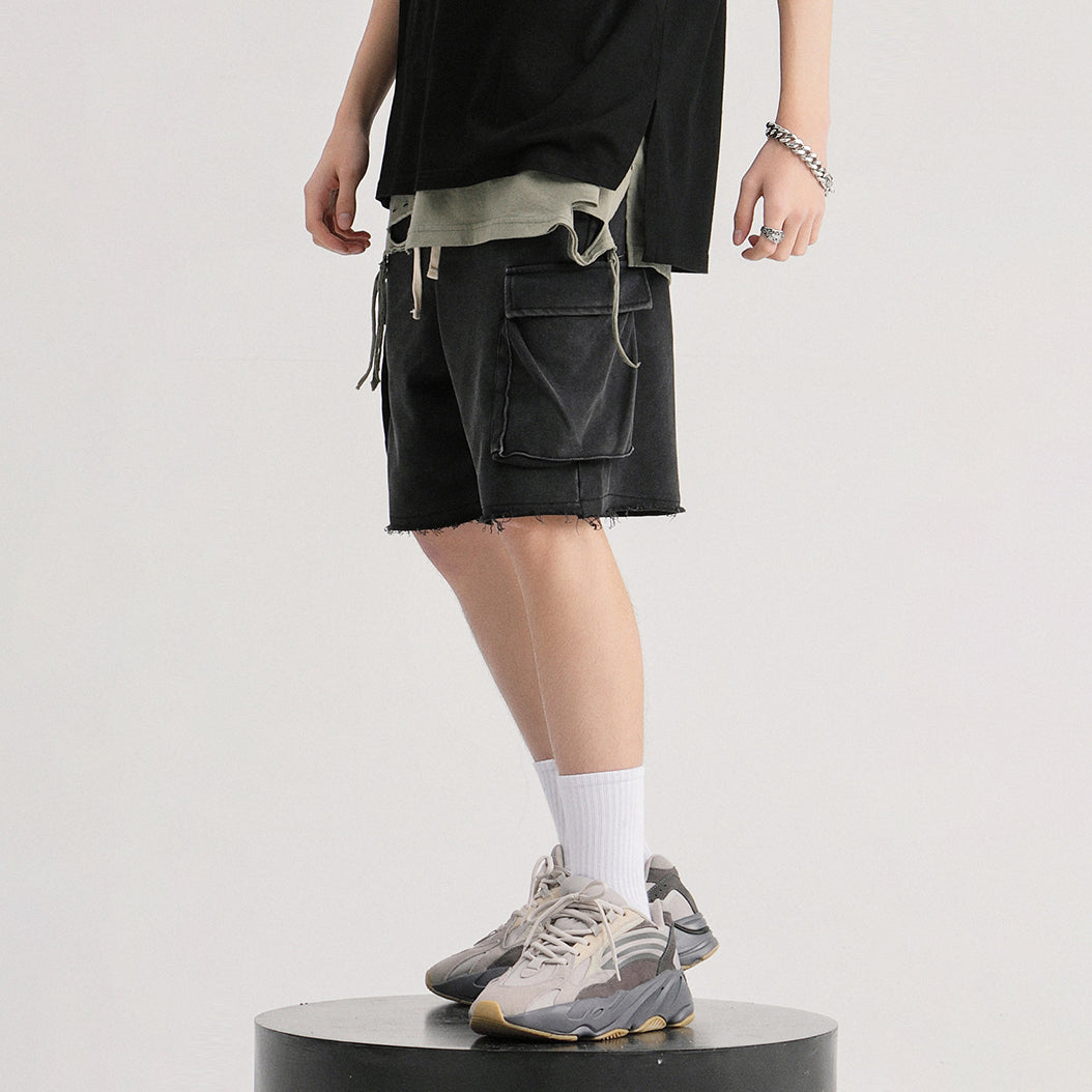 320GSM Unisex Snow Wash Raw Hem Cargo Shorts