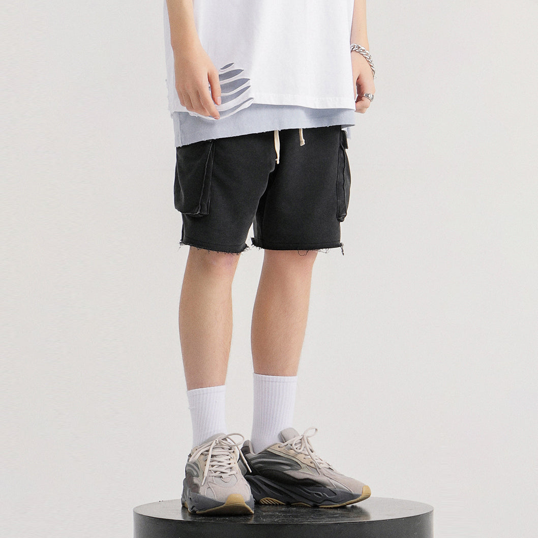 320GSM Unisex Snow Wash Raw Hem Cargo Shorts