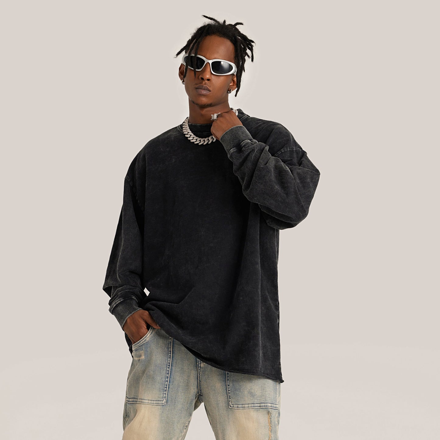 260GSM Unisex Raw Hem Faded Long Sleeve T-shirt